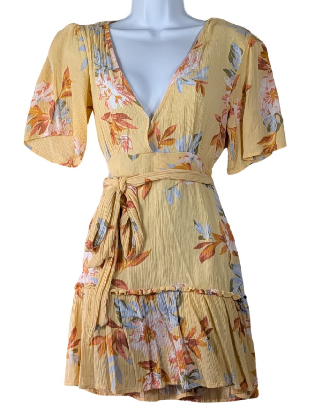 Billabong One and Only Yellow Floral Wrap Flutter Sleeve Mini Dress